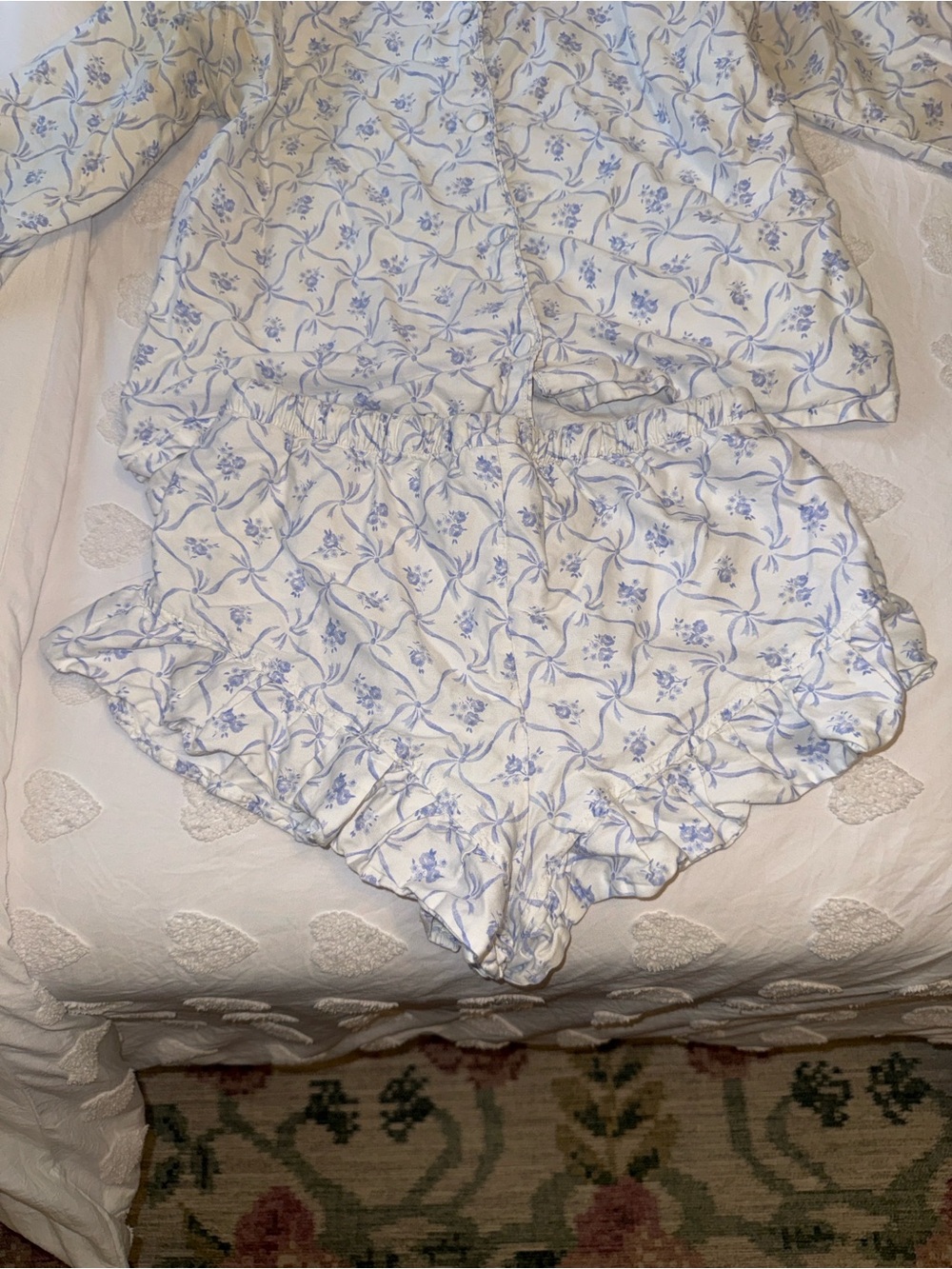 LoveShackFancy White and Light Blue Floral Two-Piece Pajama Set - Picture 4 of 7